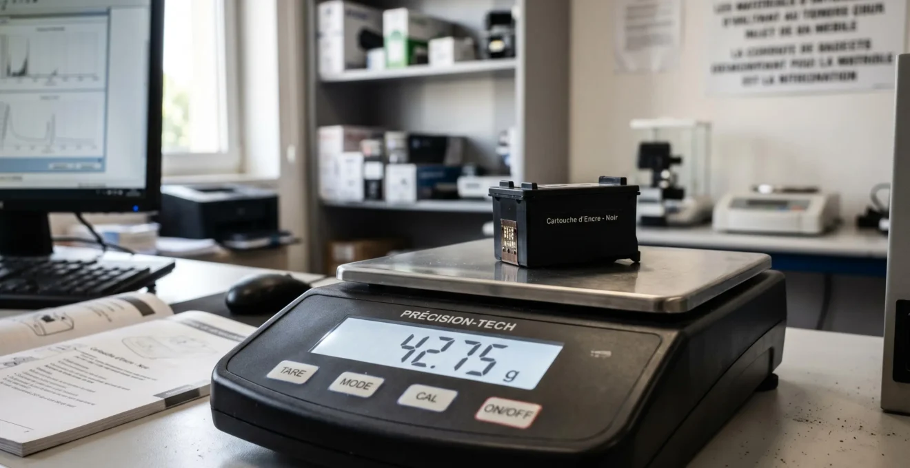 Balance de précision numérique avec affichage LCD pesant une cartouche d'imprimante, méthode de diagnostic du niveau d'encre résiduel par poids