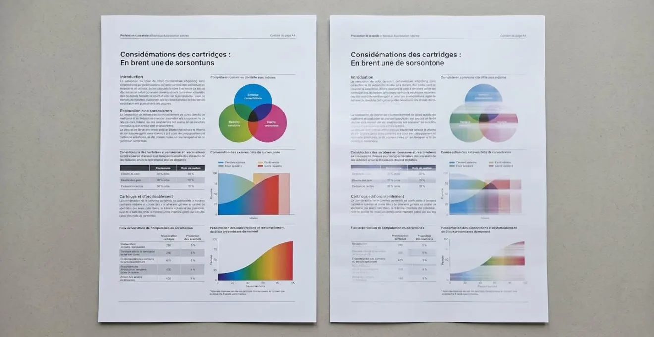 Comparaison de deux impressions côte à côte : feuille gauche qualité normale, feuille droite avec bandes blanches et dégradés incomplets révélant une cartouche épuisée