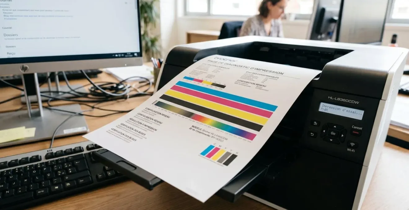 Feuille de test diagnostic d'imprimante affichant bandes de couleurs et dégradés, sortant du bac de sortie d'une imprimante de bureau Brother
