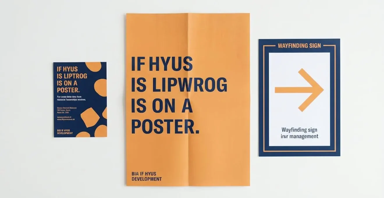 Vue de dessus de trois supports print — flyer, affiche et panneau de signalétique — posés côte à côte sur une table, avec les mêmes couleurs et typographies
