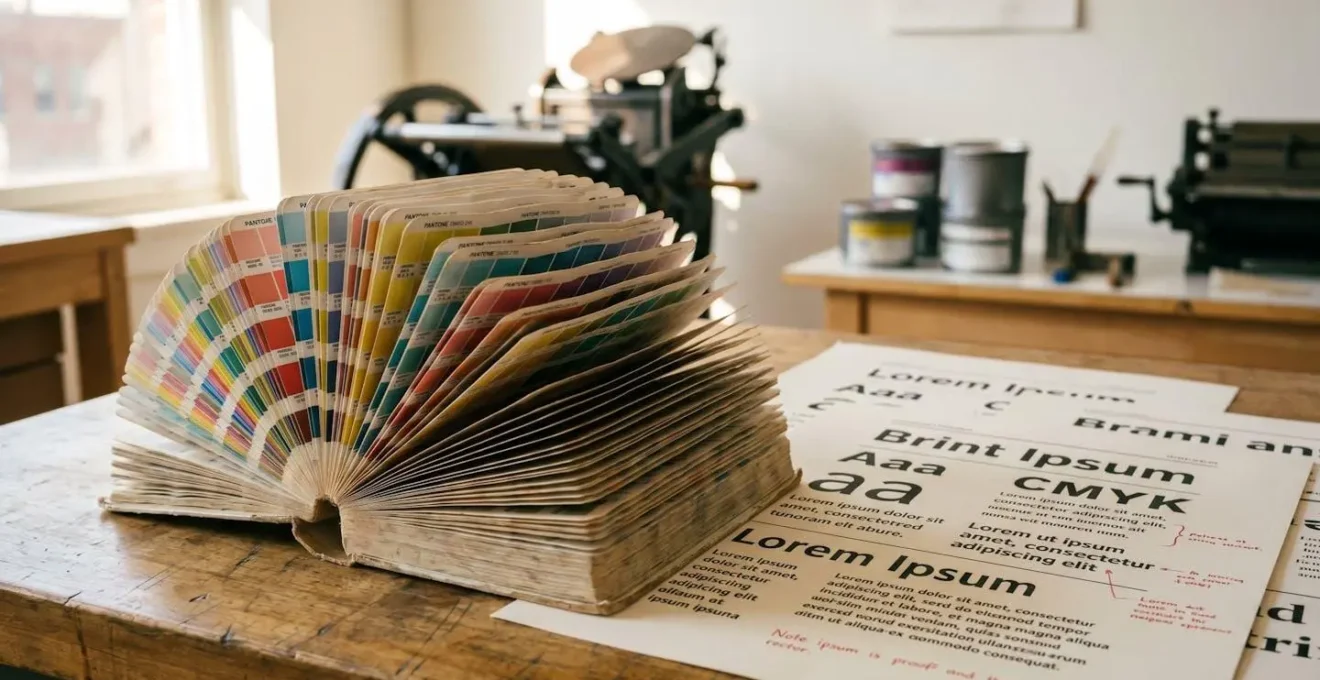 Gros plan sur un nuancier CMJN ouvert à côté d'épreuves d'impression montrant des essais typographiques sur papier mat